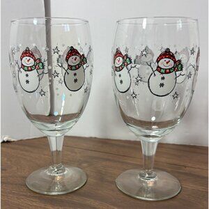 Libbey Snowman Christmas Themed Wine Glasses Set Of 2 Hand Painted Holiday